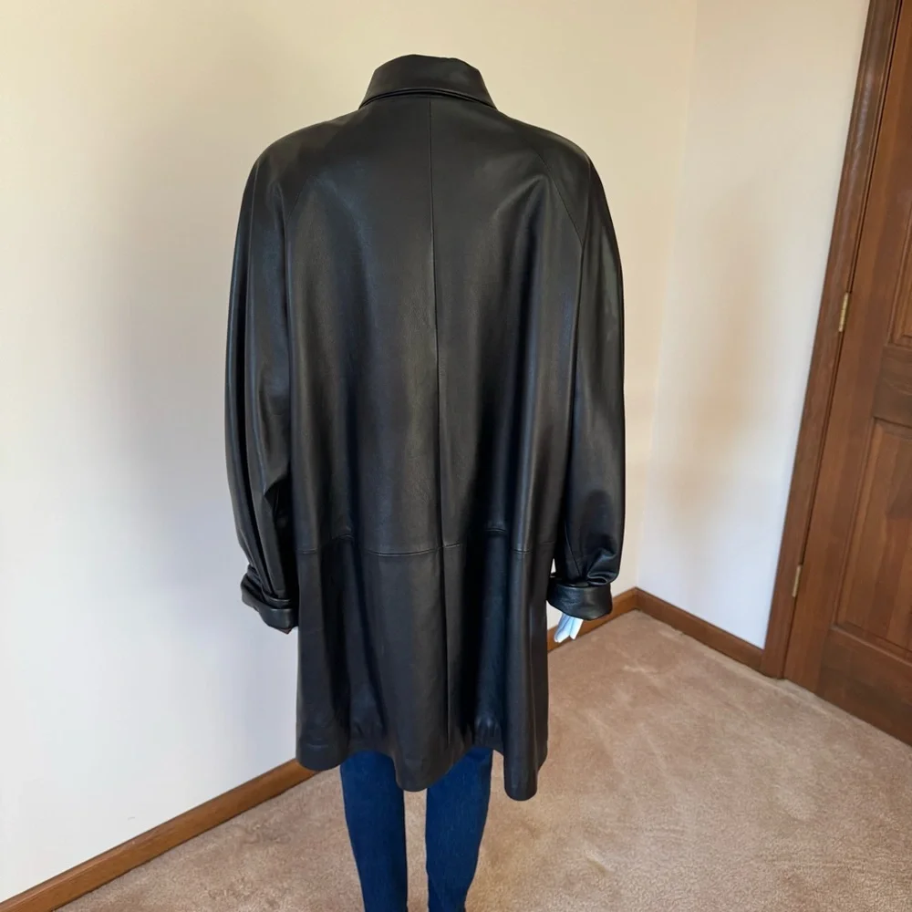 80s Vintage REMY LEATHER Black Trench Duster Futuristic Goth Coat XL